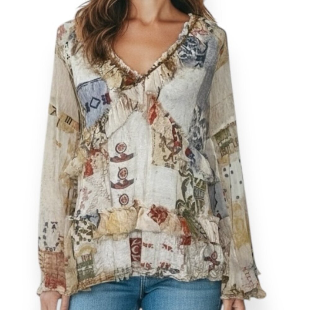 Tiny Boho Patchwork Ruffle Top Size S Sheer Rayon Peasant Blouse Long Sleeve